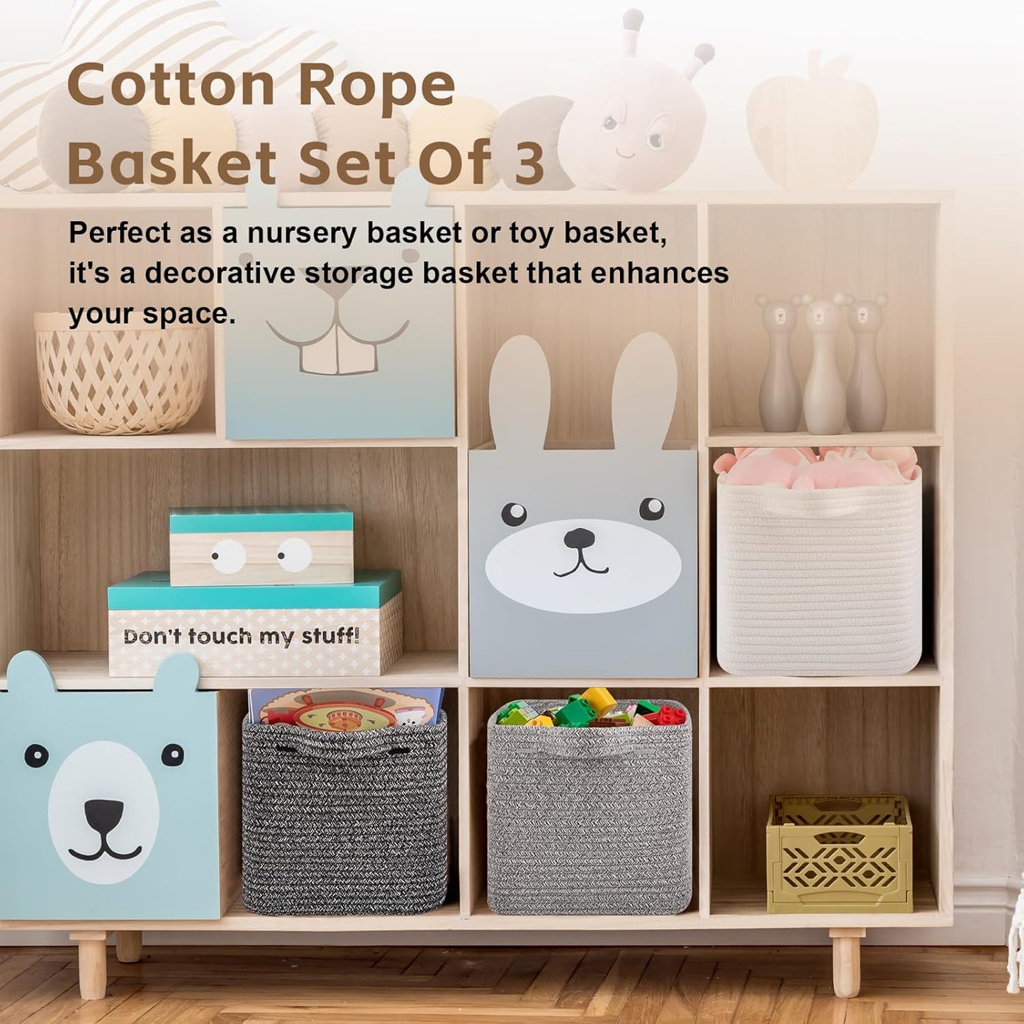 Storage Basket for Organizing, Woven Baskets for Storage, Rectangle Decorative Baskets for Shleves, Closet, Toys, Books, Nursery Organizer Bins - Pack of 3 (White)