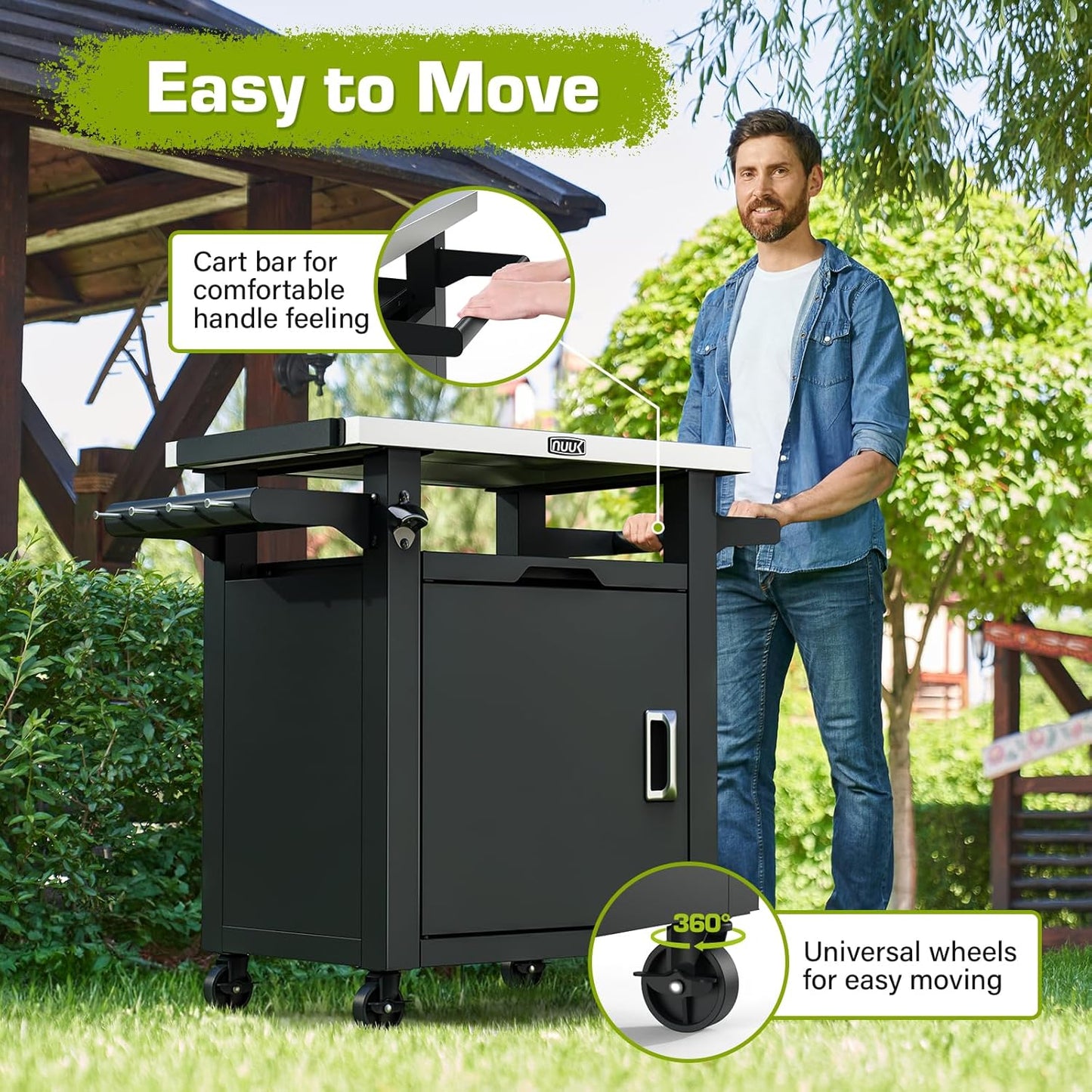 NUUK Grill Carts Outdoor with Enclosed Cabinet and Storage Drawer, Portable Patio Bar Cart with Wheels Stainless Steel Kitchen Storage Island 20" x 30" Rolling Prep Station for BBQ, Deck, Backyard