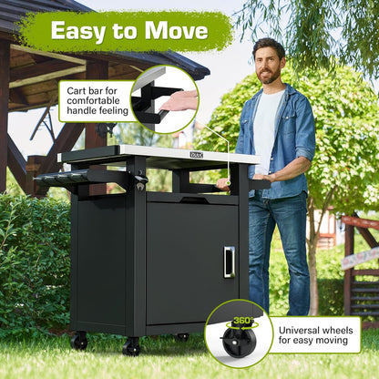 NUUK Grill Carts Outdoor with Enclosed Cabinet and Storage Drawer, Portable Patio Bar Cart with Wheels Stainless Steel Kitchen Storage Island 20" x 30" Rolling Prep Station for BBQ, Deck, Backyard