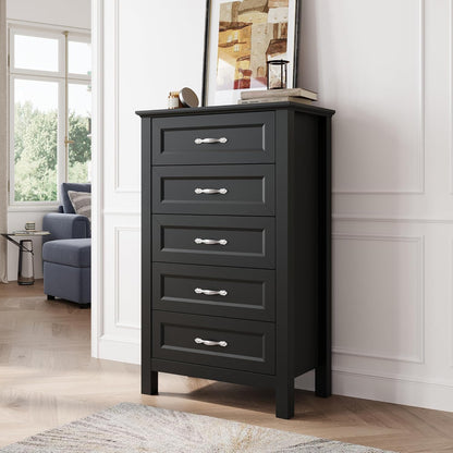 LINSY HOME Dresser for Bedroom, 5 Drawer Dresser with Metal Handles, Tall Chest of Drawers for Living Room, Entryway and Hallway, Black
