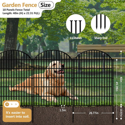 10 Panels Decorative Garden Fence, 40in (H) X 21.92ft (L) No Dig Dog Fences Outdoor for Yard, Rustproof Tall Metal Fencing Panels, Animal Barrier Suitable for Yards Border, Patio, and Outdoor Use
