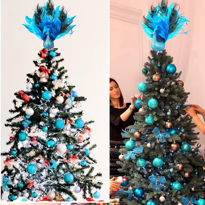 Retisee 15-Inch Christmas Peacock Tree Topper - Artificial Feather Glitter Blue Ornament for Indoor Outdoor Tree Home Decor