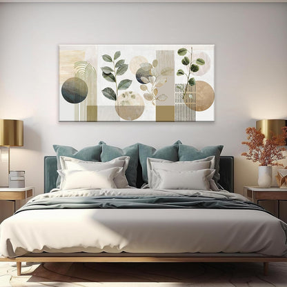 Boho Green Wall Art Mid Century Canvas Wall Art Decor Set Bohemian Abstract Wall Decor Modern Geometric Wall Painting Neutral Botanical Art Print Picture Living Room Bedroom Office Artwork 24"X 48"