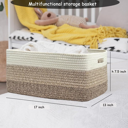 COMFY-HOMI Cotton Rope Woven Basket with Handles for Shelves,Toys,Book, Cloth Storage Baskets for Organizing-17" x 13" x 7.5" Toy Decorative Organizer for Living Room, Bathroom （white/3 brown）