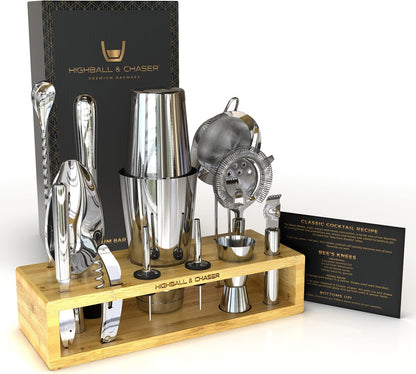 Highball & Chaser 13-Piece Boston Cocktail Shaker Set Stainless Steel Mixology Bartender Kit With Stand For Home Bar Cocktail Set | Laser Engraved Cocktail Tools | Plus E-Book with 30 Cocktail Recipes