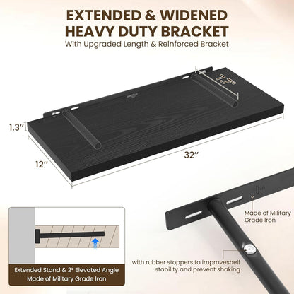 32" Floating Shelves for Wall, 12" Deep Slim Black Floating Shelves, Wall-Mounted Shelves for Bedroom, Living Room, Kitchen, Bathroom - Set of 2