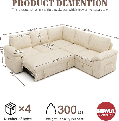 85 Inch Sectional Sleeper Sofa with Pull Out Bed,L Shaped 5 Seat Modular Sectional Sofa with Storage,Sectional Couches for Living Room,Cloud Modular Couch,Removable Sofa Cover,Beige
