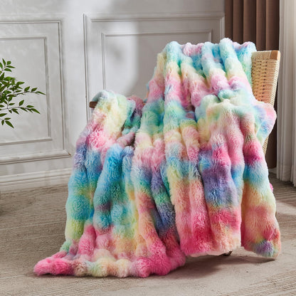 Lotus Karen Queen Size Faux Fur Blanket Rainbow - Big Bubble Rabbit Fluff Blanket for Bed, Large Fluffy Fuzzy Cozy Blanket, Thick Furry Plush Shaggy Blankets, 90x90 Inches