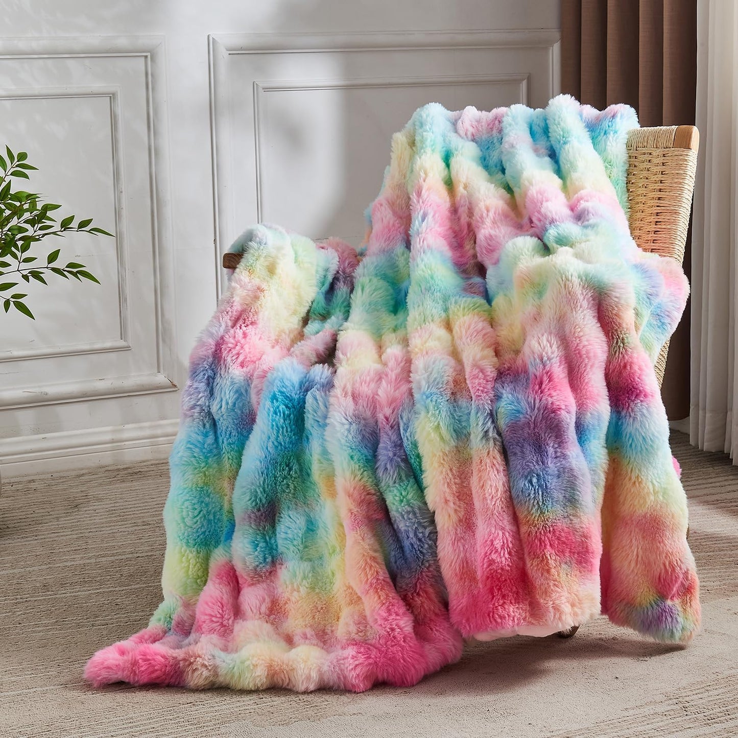 Lotus Karen Faux Fur Throw Blanket Rainbow - Big Bubble Rabbit Fluff Blanket for Couch, Small Fluffy Fuzzy Cozy Blanket, Thick Furry Plush Shaggy Blankets, 50x60 Inches