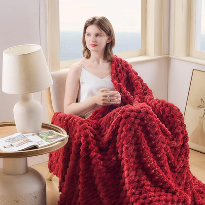 NEWCOSPLAY Super Soft Queen Blanket Red Premium Silky Flannel Fleece 3D Clouds Stylish Jacquard Lightweight Bed Blanket All Season Use 350GSM (Red, Queen(90"x90"))