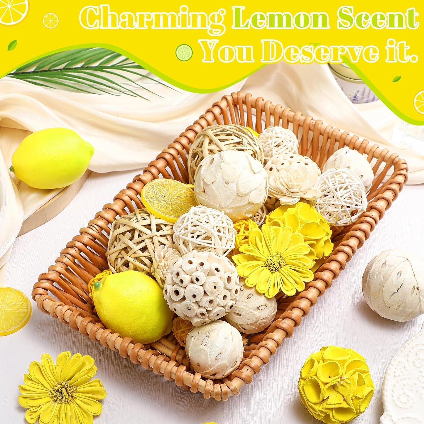 Riceshoot 2 Pack Decorative Balls Potpourri Bowl Filler Decor Natural Vase Bowl Filler Assorted Spherical Rattan Twigs Wicker Balls Cotton for Home Centerpiece(Lemon Yellow)