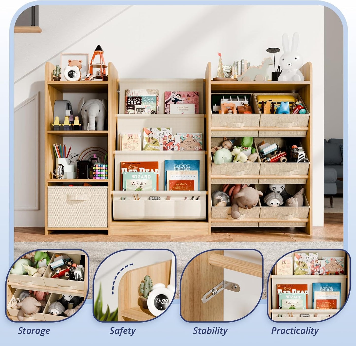 Kids Toy Book Storage Organizer - Large Bookshelf with 7 Removable Bins, Baby Bookshelf and Toy Storage, 4-Tier Book Shelf for Kids Room, Playroom, Classroom, 51 inch, Burlywood