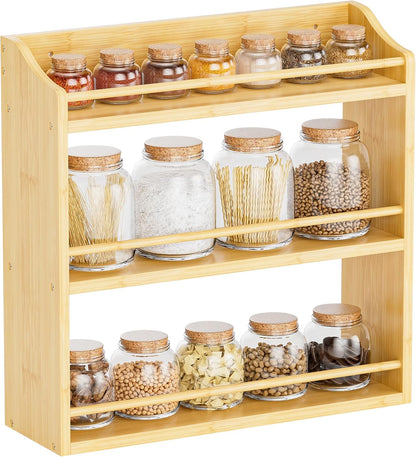 Spice Rack Wall Mounted, Spice Organizer for Counter, Bamboo Spice Storage Holder for Kitchen Cabinet, Pantry (Spice Jars Not Included, Natural)