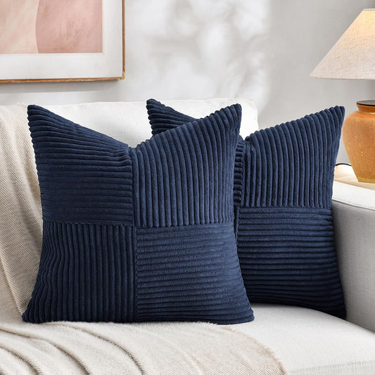 Fancy Homi 2 Packs Navy Blue Big Decorative Throw Pillow Covers 24x24 Inch for Living Room Couch Bed Sofa, Rustic Farmhouse Boho Home Decor, Soft Corss Corduroy Patchwork Accent Cushion Case 60x60 cm