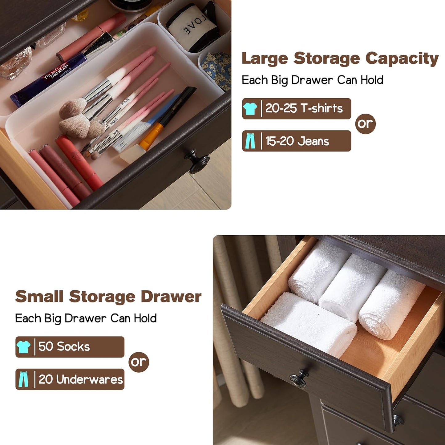 T4TREAM 6 Drawers Dresser Chests for Bedroom, 48" Tall Rustic Chset of Drawers, Wood Dressers Organizer for Bedroom, Living Room,Hallway, Espresso