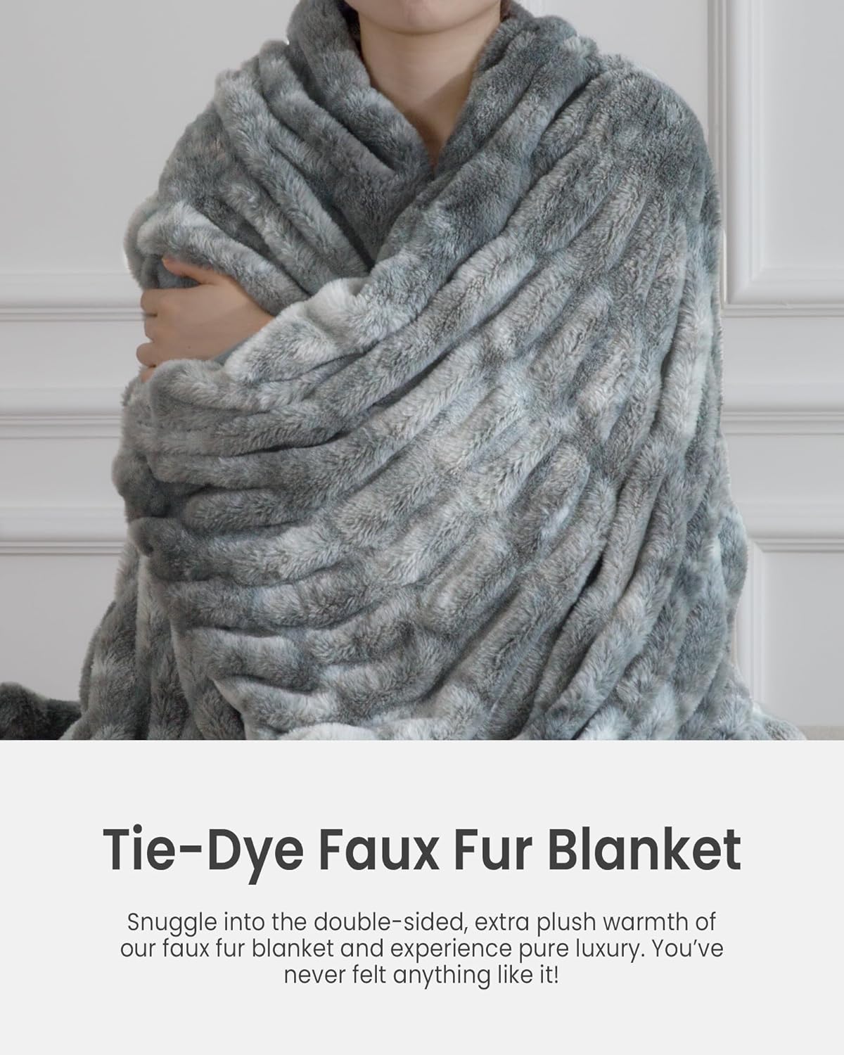 Faux Fur Blanket, Twin Size Oversized Throw Blanket for Couch, Fluffy Blanket with Stretch Ruched Design, Ultra Soft Giftable Home Decor, 60x80 inches, Tie-Dyed in Gray