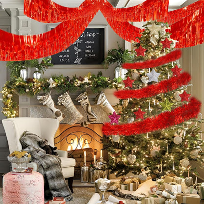 Red Foil Fringe Garland 10FT 2packs, Metallic Foil Tinsel Fringe Banners for Parade Float Decorations Wedding, Birthday Party Graduation (Two Red)