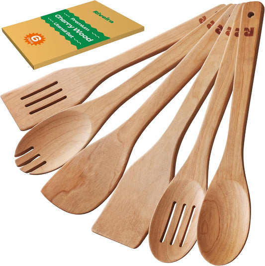 Riveira Cherry Wooden Spoons for Cooking Set of 6 – Natural Cherry Wooden Cooking Utensils, Wooden