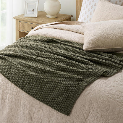 Chunky Chenille Knit Throw Blanket for Couch, Soft Luxurious Moss Stitch Blankets for Bed, Cozy Decorative Farmhouse Knitted Throws for Sofa, Olive Green, 50" x 60"