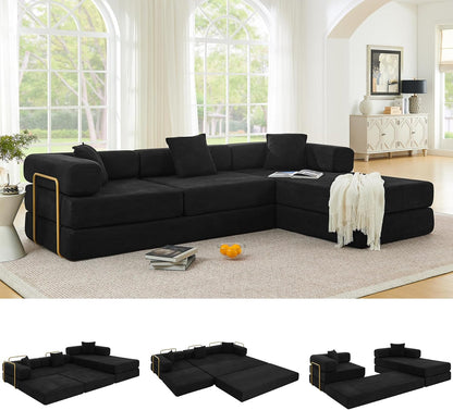 108" Oversized Convertible Sleeper Sofa Bed, Corduroy L Shape Sectional Couch, Folding Sofa Bed with Side Pocket, Modern Cloud Floor Mattress Couch, Modular Sofa for Living Room, Black