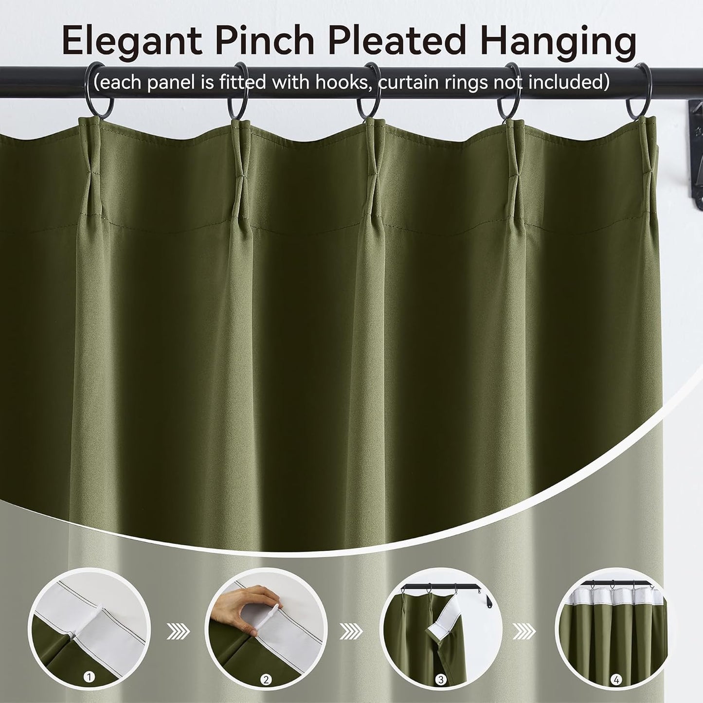 KangBang Olive Green Blackout Pleated Curtains 96 Inches Long, Custom Made Pinch Pleated Memory Trained Window Curtain Panels for Living Room Hotel with Hooks 2 Panels,40”Wx96”L