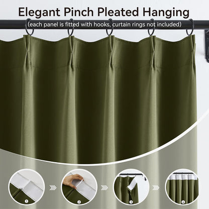 KangBang Olive Green Blackout Pleated Curtains 96 Inches Long, Custom Made Pinch Pleated Memory Trained Window Curtain Panels for Living Room Hotel with Hooks 2 Panels,40”Wx96”L