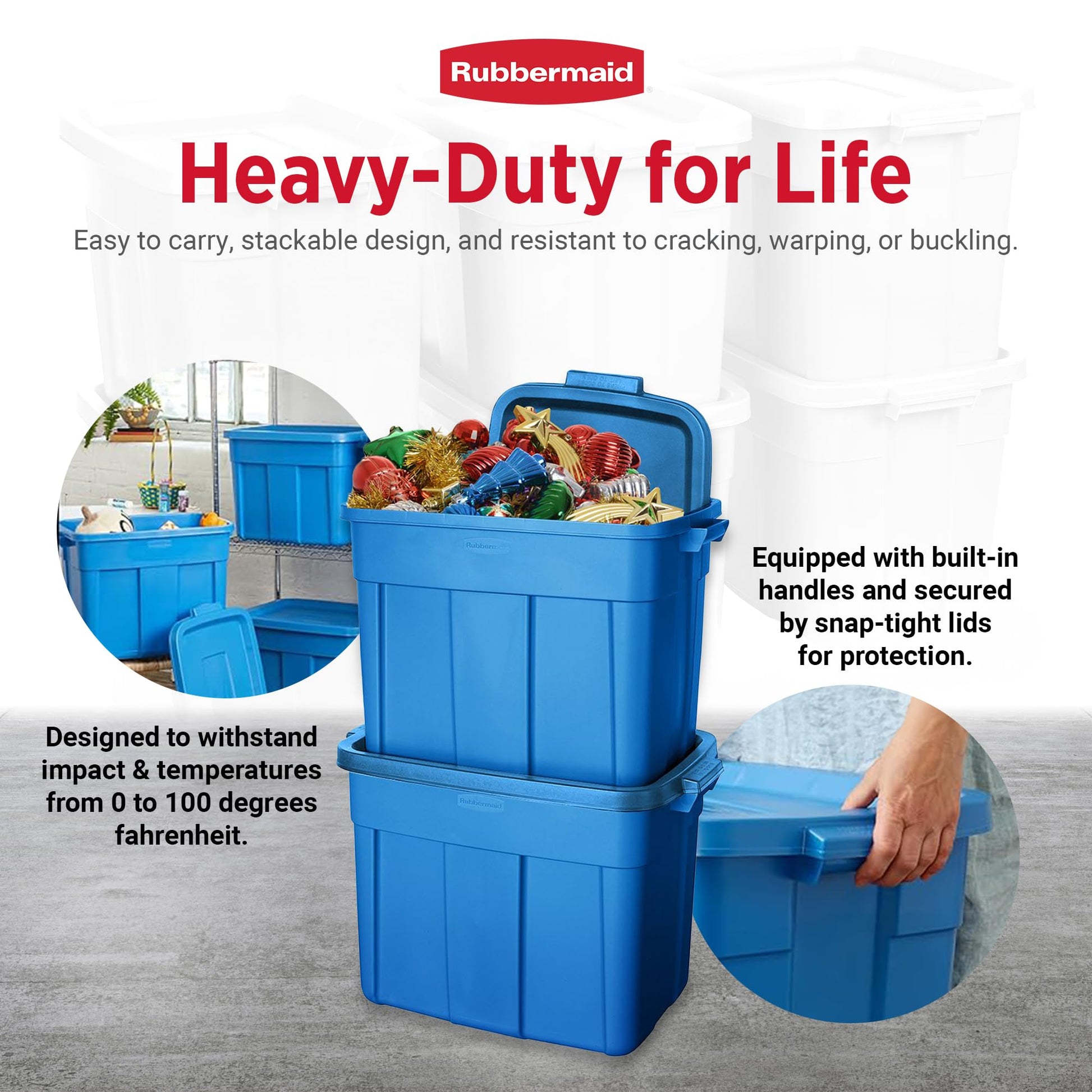 Rubbermaid Roughneck Tote 18 Gal, 6 Pack, Made in USA, Heritage Blue, Rugged Plastic Stackable
