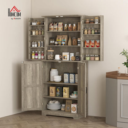 HOMCOM 72" Farmhouse Kitchen Pantry Cabinet, Freestanding Tall Storage Cabinet with 4 Barn Doors, 4 Adjustable Shelves and 8 Door Shelves, Gray Wash