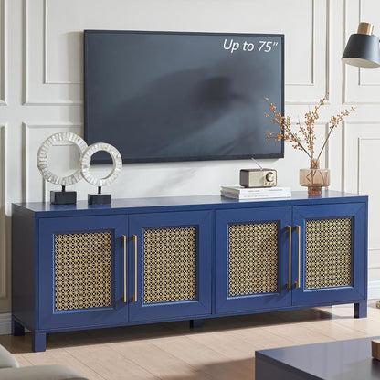 JYED Mid Century Modern TV Stand for TVs up to 75", 69.5" W Blue Entertainment Center with 4 Gold Metal Mesh Doors - Wood Grain MDF TV Console, Media Storage