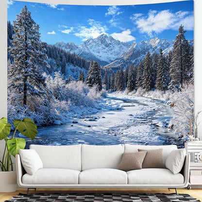 AMM Winter Forest Snow Mountain Tapestry Snowy Pine Tree Woodland Tapestry for Bedroom Aesthetic White Clouds Flowing River Landscape Tapestries Wall Hanging for Living Room Dorm Office 80 x 60 Inch