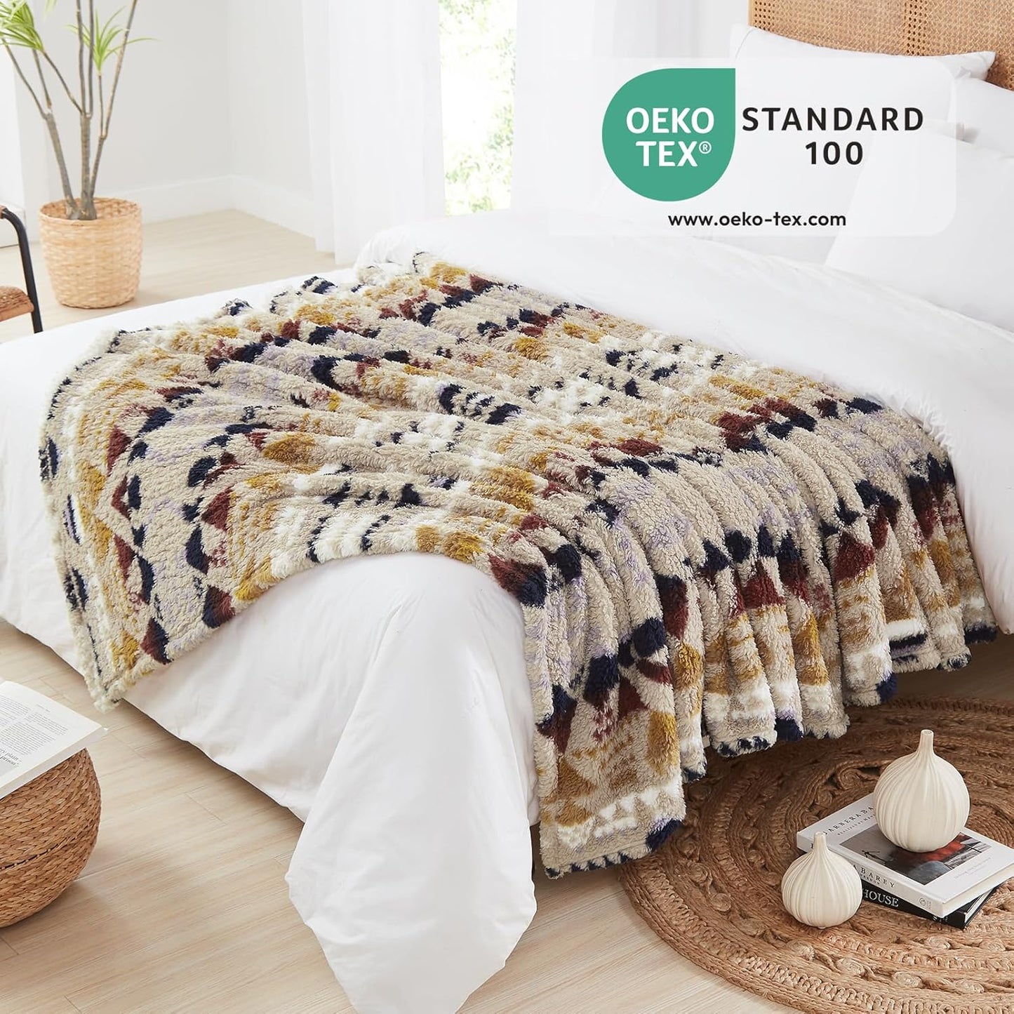 CASAAGUSTO Boho Sherpa Throw Blanket, Aztec Queen Blanket, Ultra Soft, Warm, Cozy, Plush, Thick Fleece Bohemian Throw Blanket for Couch, Bed, Sofa (Khaki 90 * 90 Inch)
