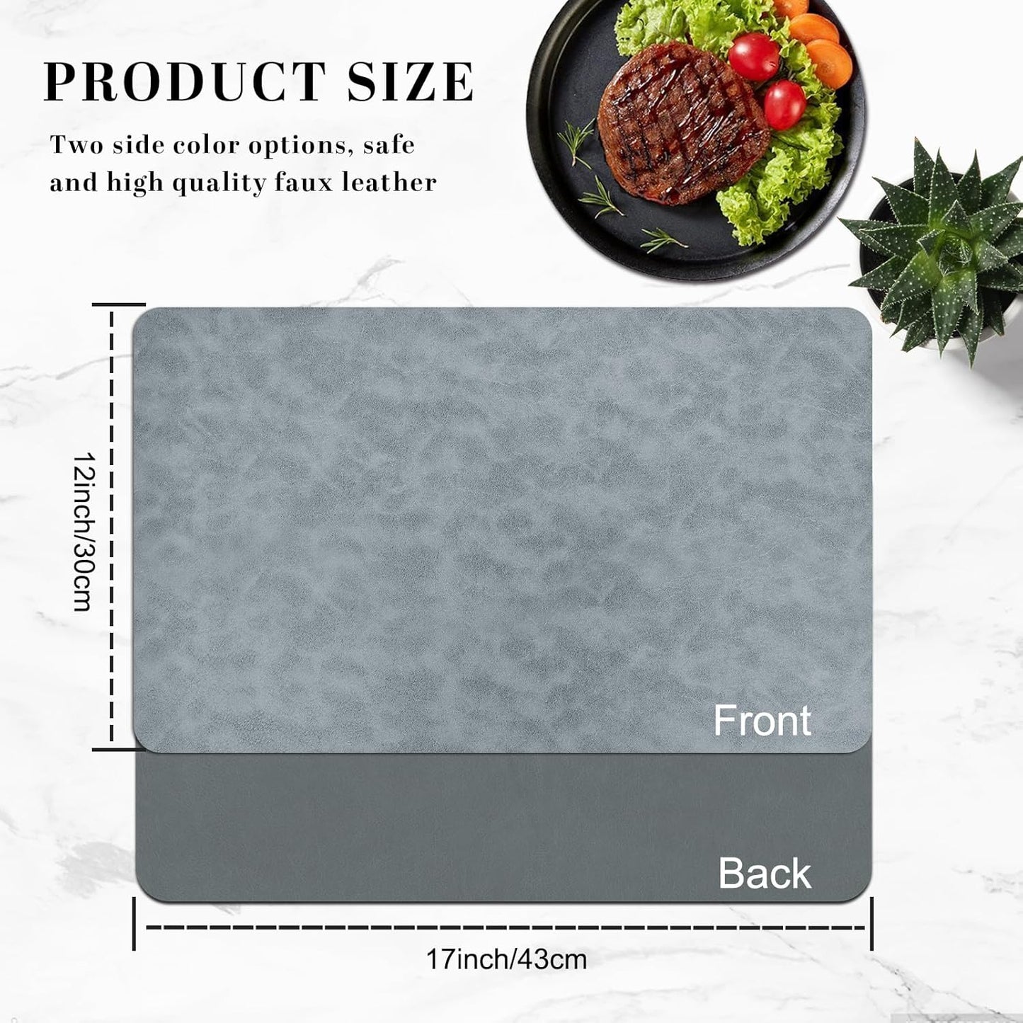 Faux Leather Placemats, Set of 4, 12''×17' Textures on Both Sides, Heat-Resistant, Waterproof and Oil-Proof, Reversible Place Mats for Kitchen, Dining Table,Outdoor-Grey&Dark Grey