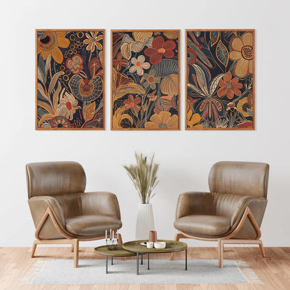 Aurlan Burnt Orange Wildflowers Botanical Wall Art Set(16"x24"), 3 Pieces Abstract Floral Blossom Framed Canvas Artwork, Large Mid Century Modern Boho Nature Wall Decor for Office Bedroom Living Room