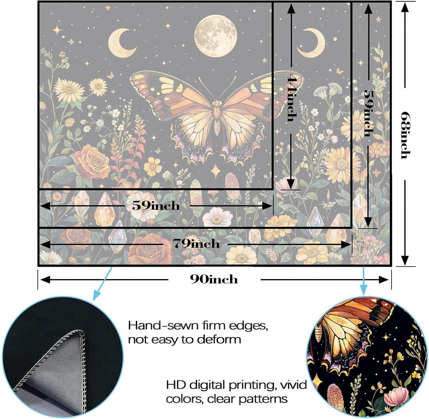 Lunerfex Boho Butterfly Tapestry Flower Moon Wall Tapestry, Moon Phases Tapestries for Bedroom Cute Tapestries Wall Hanging for Bedroom Living Room Decor Butterfly-2 44"x60"