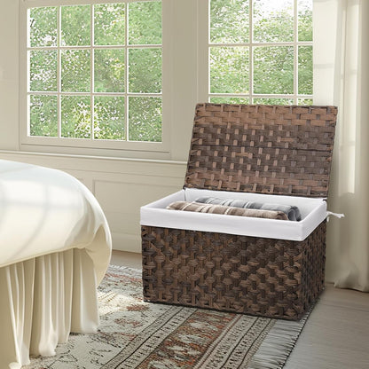 Wicker Storage Basket with Lid, 27.7 Gallon (105L) Large Blanket Basket with Lid, Woven Storage Bin with Handles, Removable Liner, Metal Frame, Foldable, for Bedroom, Laundry Room, Brown