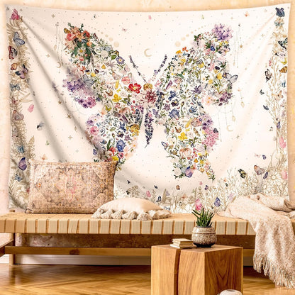Damanse Butterfly Tapestry Wall Hanging Cute,Boho Wall Tapestry for Bedroom Aesthetic,Flower Living Room Decor for Teen Girls (White, 59.80" x 78.70")