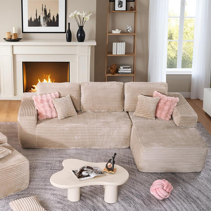 HOOOWOOO Cloud Sectional Couches for Living Room,Modular Sectional Sofa No Assembly,Plush Corduroy Large Floor Couch Furniture Set with Deep Seat Right Chaise L Shape(Beige)