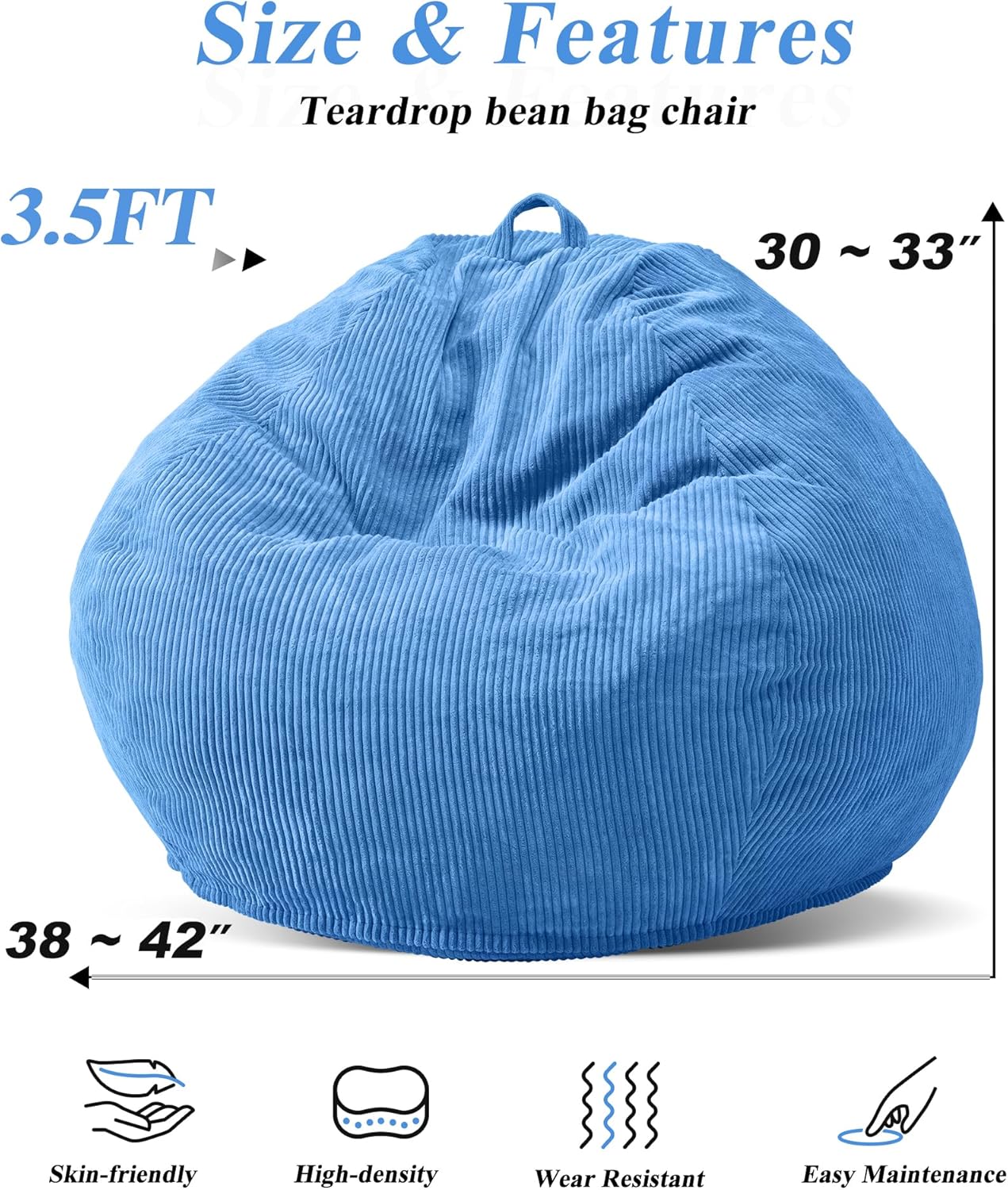 3.5FT Bean Bag Chairs Teardrop Bean Bag Chair for Adults Beanbag Chair with Memory Foam Filled Machine Washable Cover for Living Room, Bedroom (Large,Blue)
