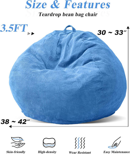 3.5FT Bean Bag Chairs Teardrop Bean Bag Chair for Adults Beanbag Chair with Memory Foam Filled Machine Washable Cover for Living Room, Bedroom (Large,Blue)