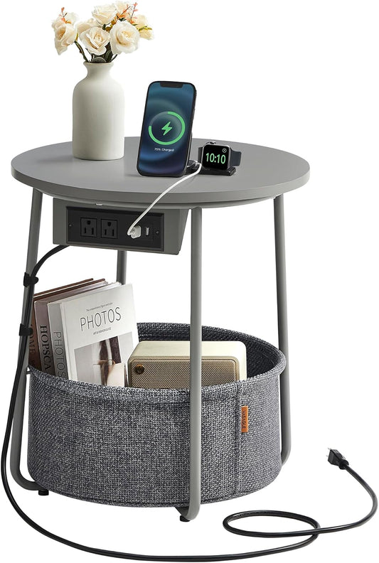 VASAGLE Side Table with Charging Station, Round End Table with Fabric Basket, Nightstand with Power Outlets, USB Ports, for Living Room, Bedroom, Modern, Dove Gray and Slate Gray ULET228G01