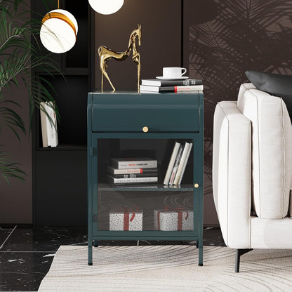 Modern Metal Side Tables Set of 2, End Tables with Glass Door, 2-Tier Nightstands with Storage Shelves, Accent Table, Slim Sofa Table for Living Room, Bedroom (Green)