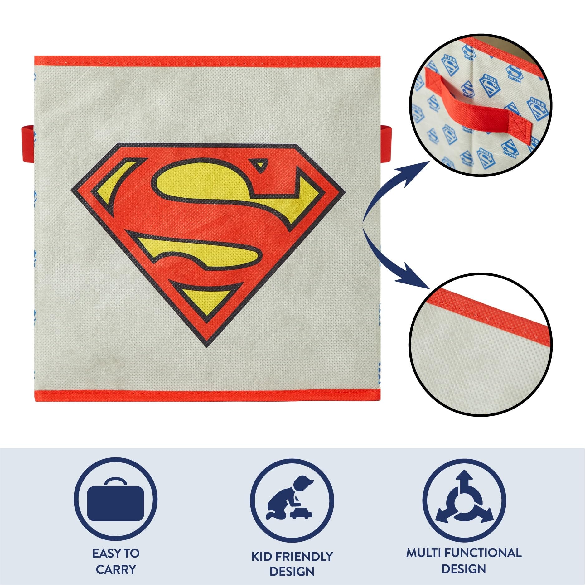 Superman Kids Storage Cubes, 2 Pack Foldable Fabric Bins with Handles, Collapsible Organizer Boxes