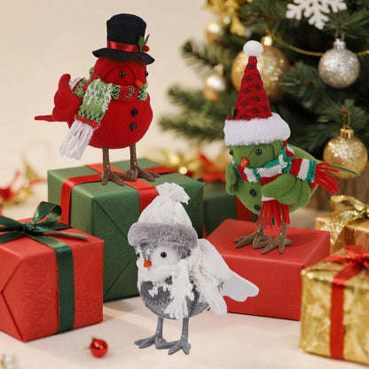 Prsildan Christmas Table Decorations Birds, Set of 3 Christmas Bird Figurine Table Top Decor, Green Red Gray Xmas Birds Ornaments for Winter Home Kitchen Fireplace Mantel Holiday Party