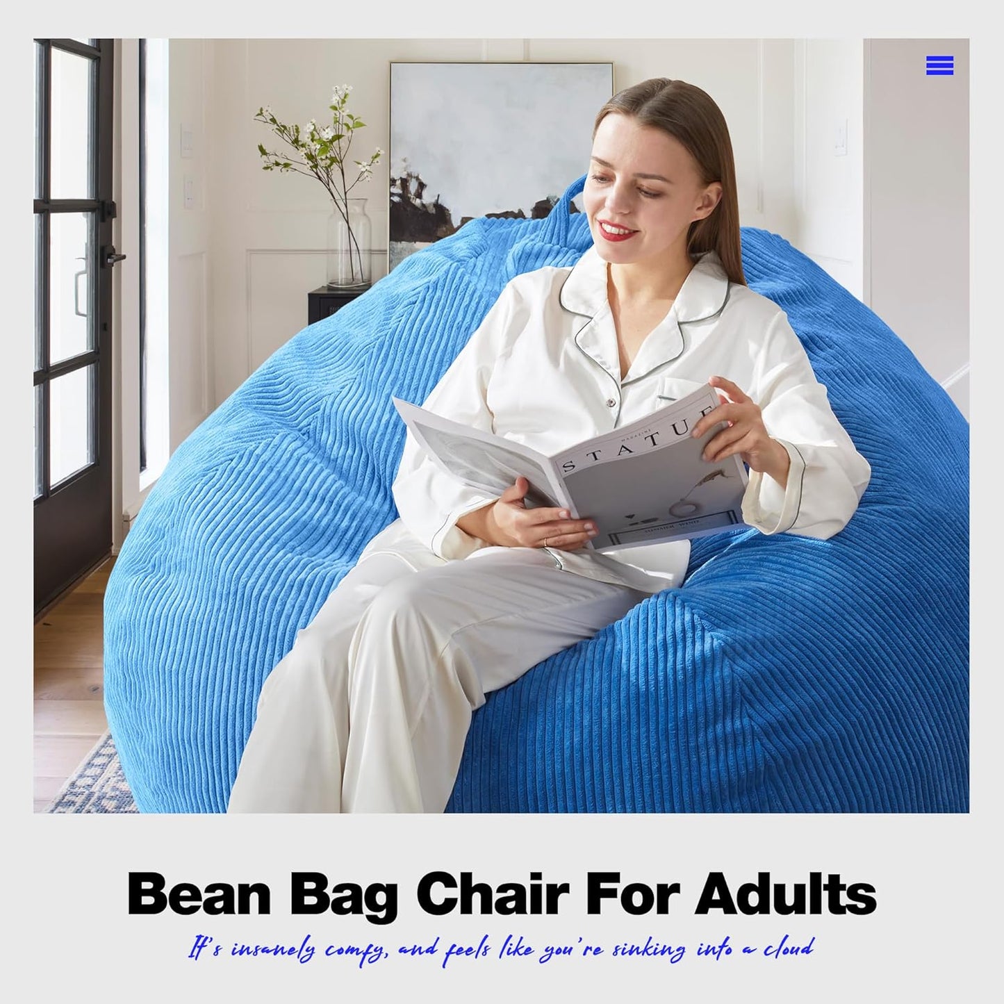 Hobestluk 4.5FT Bean Bag Chair Giant Bean Bag Chair with Filler Included Adult Bean Bag Chairs with Removable Cover for Bedroom Living Room (Jumbo, Blue)