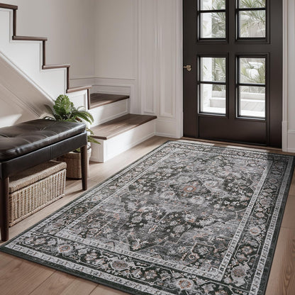 AMOAMI-4X6 Area Rugs for Living Room -Soft Vintage Bedroom Rug-Non Slip Washable Rug-Throw Rugs for Living Room Bedroom Bedside Dining Room Office Dark Grey & Black