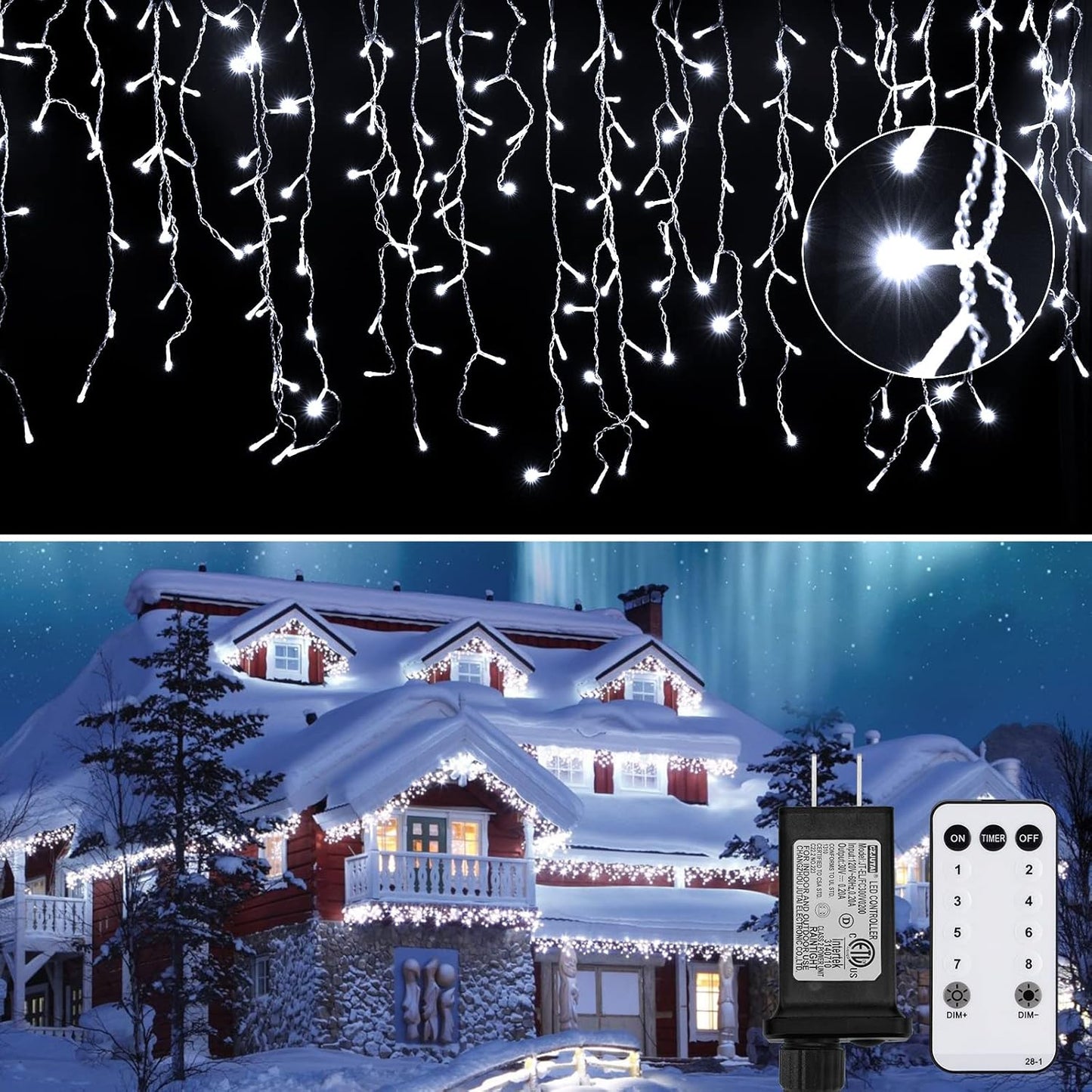 Led Icicle Christmas Lights Outdoor, 19.6 Feet 54 Drops with 306 Led, 8 Modes Timing Connectable Twinkle Decor Fairy String Lights for Patio Indoor Outside Hanging Icicle Lights, Pure White