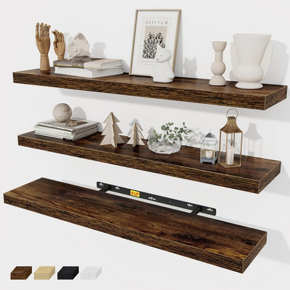 Fun Memories 32 Inch Floating Shelves Wall Shelf Set of 3, Rustic Farmhouse Home Decor Kitchen Living Room Shelves Wall Mounted, 32 x 6.7 x 1.4 Inch, Rustic Brown