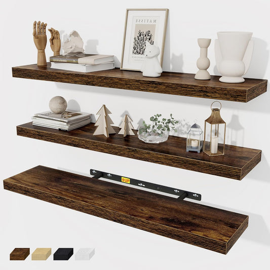 Fun Memories 32 Inch Floating Shelves Wall Shelf Set of 3, Rustic Farmhouse Home Decor Kitchen Living Room Shelves Wall Mounted, 32 x 6.7 x 1.4 Inch, Rustic Brown