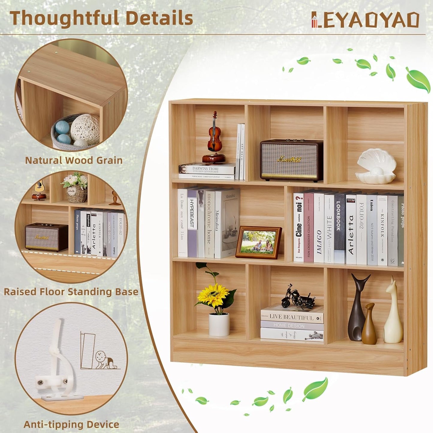 LEYAOYAO 8 Cube Bookshelf with Wood Base,Natural 3 Tier Mid-Century Modern Bookcase,Standing Wide Bookshelves Storage Organizer Shelf,Rustic Display Cabinet Book Shelves for Bedroom,Living Room