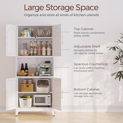 75" Tall Kitchen Pantry Storage Cabinet, Metal Storage Cabinets with 4 Doors and Adjustable Shelves，White Kitchen Hutch Cabinet with Microwave Stand, Large Cupboard for Dining Living Room